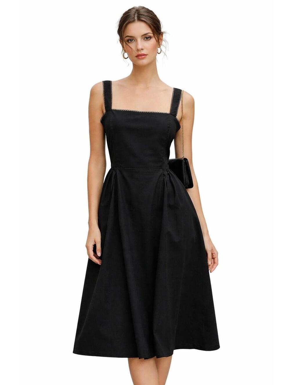 Womens Black Midi Dress L NWOT Square Neck Adjustable Straps Fit & Flare